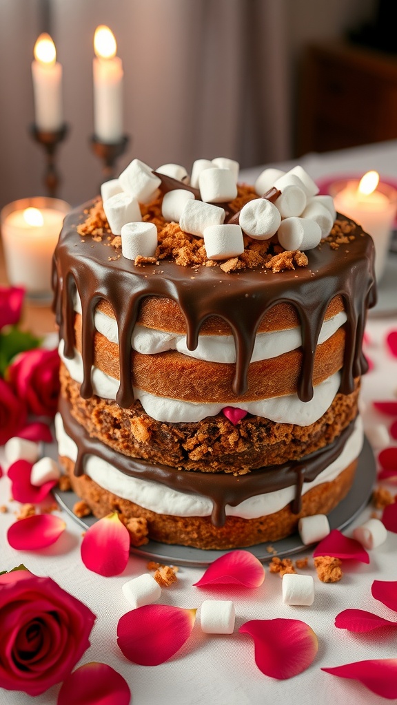 S’mores Valentine Cake with layers of chocolate and marshmallow frosting, garnished with chocolate drizzle and mini marshmallows.